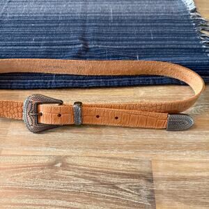Vintage 90s Southwestern Leather Belt Tan Silver Tone Buckle Boho 36" Medium